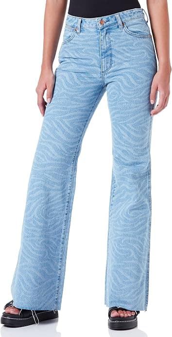 Джинси жіночі Wrangler блакитні кльош з принтом зебра